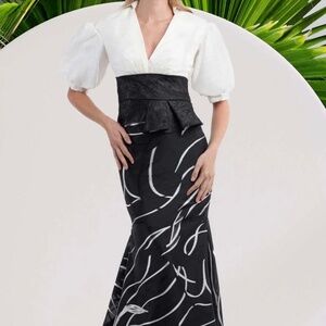 Two Tone (Black/White) V-Neck Collared Evening Gown